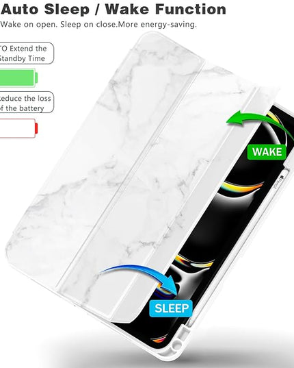 ZryXal iPad Pro 11 Inch Case (M5) 2025/ (M4) 2024 (Model: A2836/A2837/A3006), Trifold Stand Smart Cover with Pencil Holder and Soft TPU Back, Auto Wake/Sleep (Marble White)