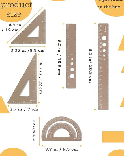 Zotemo Metal Geometry Set, 5-Piece Aluminum Ruler, Math Drafting Ruler Kit Includes Protractor, Triangle Rulers, Straight Rulers-Math Measurement Tools for School and Office Supplies (Gold)