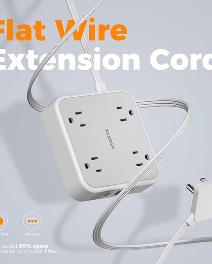 Surge Protector Flat Extension Cord 15Ft, TESSAN Flat Plug Power Strip with 4 Outlets 3 USB Ports (1 USB C), 900 Joules Protection, Multiple Wall Outlet Extender Suitable for Home Office Dorm, Grey