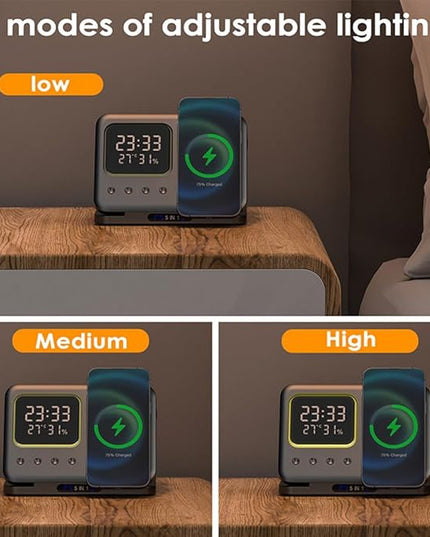 AYI 5in1 Multi Functional Wireless Charging Station with Digital Clock 15W Fast Charge Night Light Temperature Humidity Monitor Wireless Charger for All Qi Phone TWS Headphone and Apple Watch-Black
