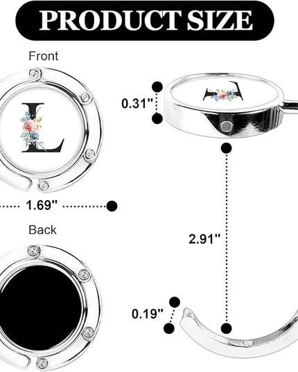 XSUIOY 3Pcs Personalized Initial Foldable Purse Hook for Table,Crushed Flower Letters Folding Purse Hanger,Purse Holder Handbag Hanger Collection Desk Table Bag Hooks Gifts for Women Bag(Black-L)