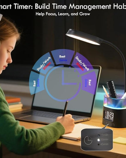 WILIT LED Kids Desk Lamp, Dimmable Study Lamp for Home Office Desk Accessories, with Pen Holder & Clock, USB Charging, RGB Night Light, Bedroom & College Dorm Room Essentials for Girls - Black