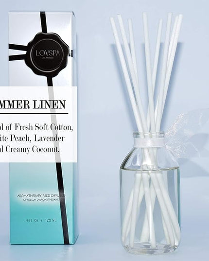 LOVSPA Reed Diffuser Set, Summer Linen Scented Oil Diffuser with Sticks, Home Fragrance Accessories for Bathroom Shelf Decor, Aroma Diffusers for Home or Office Desk, USA Made