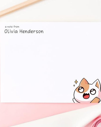 Personalized Kawaii Stationery Set for Kids Japanese Note Cards, Custom Kawaii Stationary Notes, Kawaii Cat Notecards for Girls, Your Choice of Colors and Quantity