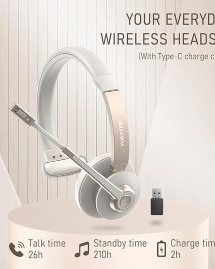 Vonztek Wireless Headset, Trucker Bluetooth Headset with Microphone Noise Canceling & Mute, Bluetooth Headphones with USB Dongle for Cell Phone Computer Call Work Home Office Meetings Teams Skype