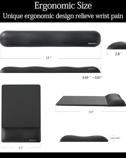 UnivoColors Design-Wave Set of Keyboad Wrist Rest & Mouce Pad,Artificial Sheepskin+Memory Foam+Ergonomic+Anti-Slip Gel, Resilience Support During Work and Gaming,Keyboard Accessory,Black
