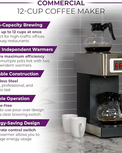 Existing Beauty 12-Cup Commercial Coffee Maker Stainless Steel - Double Coffee Machine for Office, Restaurant, Industrial Use - High Capacity Office Coffee Maker - TQS Cafe