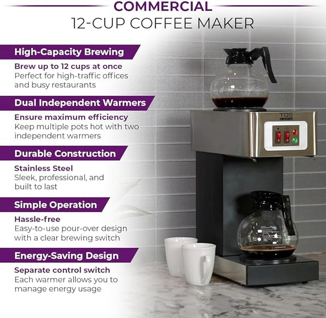 Existing Beauty 12-Cup Commercial Coffee Maker Stainless Steel - Double Coffee Machine for Office, Restaurant, Industrial Use - High Capacity Office Coffee Maker - TQS Cafe