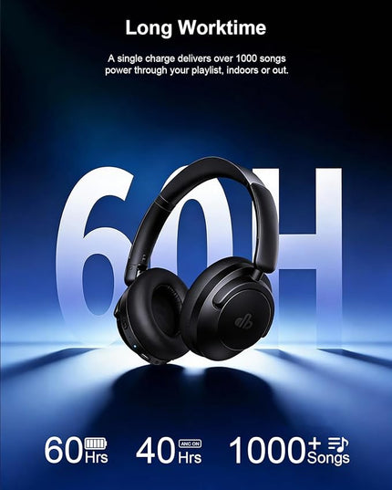 Hybrid Active Noise Cancelling Headphones, Over-Ear Bluetooth Headphone, 60H Playtime, Deep Bass, Transparency Mode, Foldable Comfort Ear Cups, Electronic Gadgets, Ideal gift for Travel Office - Black