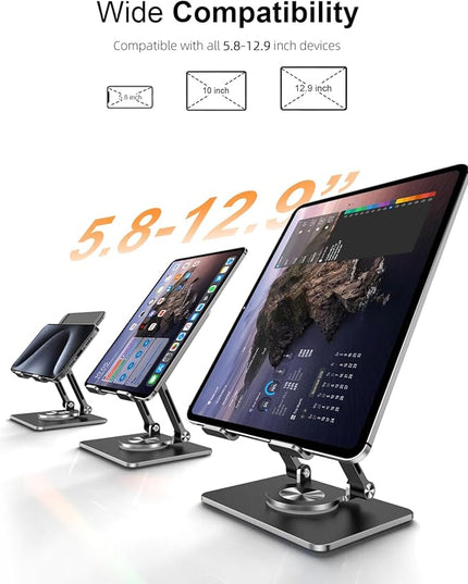 Tablet Stand Holder with Thickened 360°Rotating Base Dual Rod Adjustable Aluminum Stand for All 5.8-12.9” iPad Samsung Phone Tablet Kindle E-Reader and More, Black