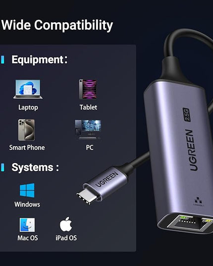 UGREEN USB C to Ethernet Adapter 2.5G, Ethernet Adapter for Laptop, Aluminum, Type C (Thunderbolt 4/3 Compatible) to RJ45 Network Internet, Compatible for NAS, MacBook Air/Pro, XPS, iPhone 17 Pro/Max