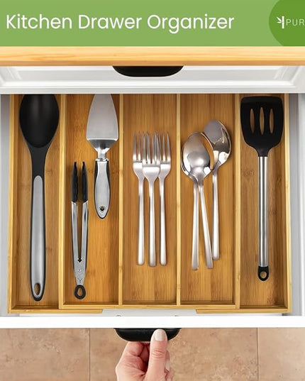 Purawood Kitchen Drawer Organizer - Expandable Utensil Drawer Organizer for Kitchen, Cutlery Tray & Silverware Organizer, 3-5 Slots - Bamboo Organizer for Utensils & Flatware (Natural)