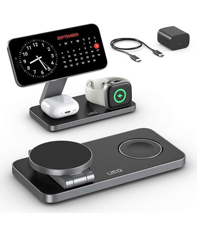 Foldable 3 in 1 Wireless Charging Station for Apple Magsafe Charger Stand,Fast Magnetic Wireless Charger Station for iPhone 17 Air 16 15 14 13 12 Series,Airpods Pro,Apple Watch Ultra (Pure Black)