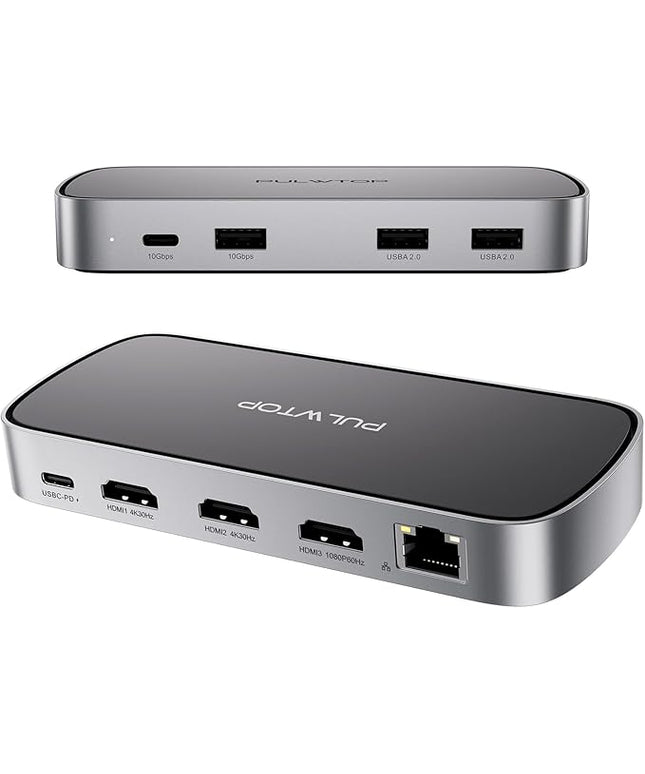 3 HDMI Triple USB C Docking Station, PULWTOP Laptop Docking Station Dual 4K Display for MacBook M1/M2/M3/Windows, Universal USB C Dock with Power Adapter, PD, 10Gbps USBC/A Data,2 USB-A 2.0, Ethernet