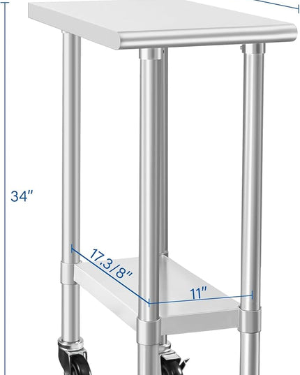 HARDURA Stainless Steel Commercial Table Prep & Work Table with Casters Heavy Duty Metal Table with Wheels NSF 430 24×15 Inches
