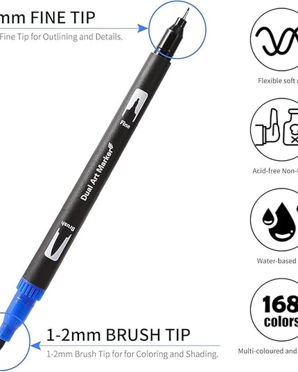 Dual Tip Markers, Brush Art Markers Set with Fine Tip and Brush Tip for Adult Coloring Book, Hand Lettering, Calligraphy & Drawing, Professional Art Supplies Kit for Adults (168 Colors)