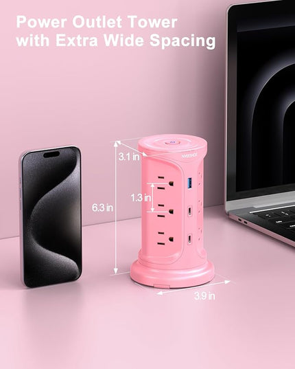 Tower Power Strip Surge Protector with 12 Outlets 3 USB Ports(2 Type C), 6.5 FT Ultra Flat Extension Cord with Multiple Outlets, Flat Plug Outlet Extender with Screw Wall Mount for Home Office Dorm