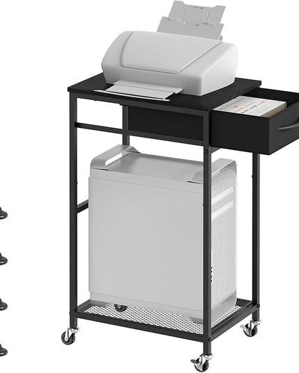 CADUKE 2 Tier PC Stand - Black Computer Tower Stand with Fabric Drawer, Modern Printer Stand with Wheels, Under Desk for Office & Study Room