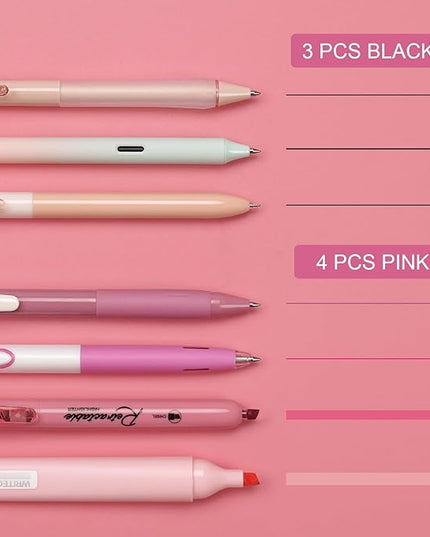 WRITECH Gel Pens Journaling Highlighters: Journal Set Aesthetic Assorted Pastel Color Ink 0.5mm Fine Point Retractable 0.7mm Black Pen Smooth Writing Drawing No Bleed 7ct (Pink)