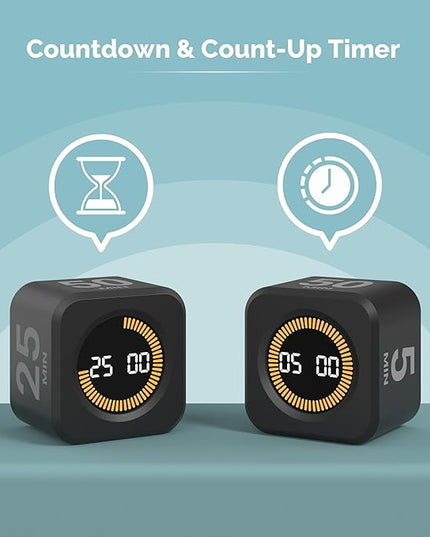KADAMS Pomodoro Cube Timer Productivity Visual Timer - 5/10/25/50 Min Rotating Countdown, Customize Countup Silent Mode- for Work Study Cook Workout Kitchen Back to School Classroom(Black)