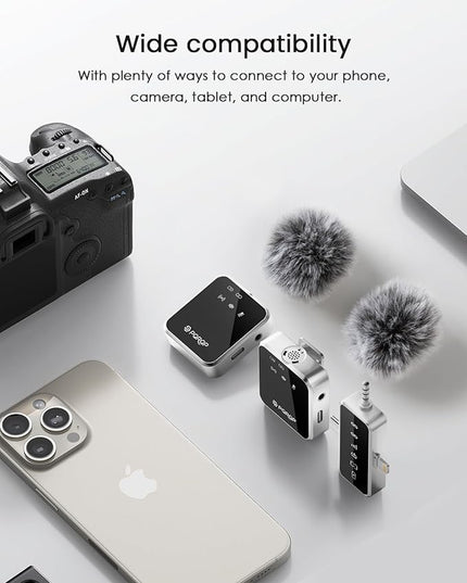 PQRQP 3 in 1 Mini Microphone for iPhone, Android, Camera | 328ft Range & 18H Battery | Noise-Canceling Mini Mic for Interviews, Content Creation, TikTok (Metallic Silver)