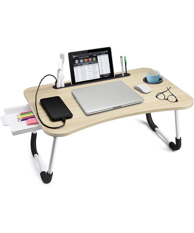 Slendor Lap Desk with Tablet Slot, Foldable Laptop Table with Storage Drawer，Portable Bed Desk for Laptop, Computer Tray with Cup Holder Notebook Stand Reading Holder for Couch Floor, White Maple
