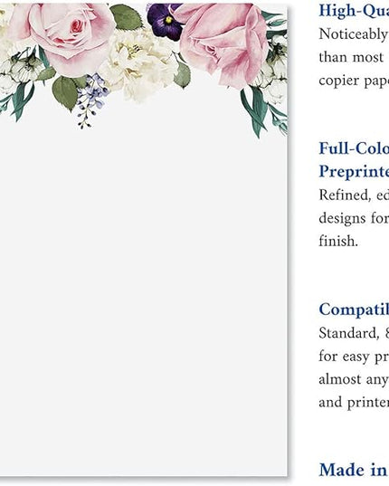 Current Victorian Rose Floral Letter Paper - Spring Stationery Papers With Decorative Rose Border, Printable Holiday, Wedding & Bridal Shower, & Invitation Sheets, Set of 25, 8 1/2" x 11"