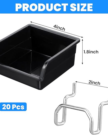 20 Pack Pegboard Bins With Metal Hooks, Black Pegboard Storage Bins, Pegboard Containers For Peg Board Organizing Accessories, Peg Board Organizer Bins For Garage, Workshop, Craft Room, Tool Shed