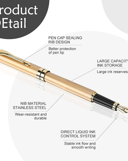 Tiankool Luxury Fountain Pen,Fine Nib, Exquisite Pen Gift Set for Men&Women-Includes 10 Ink Cartridges&Ink Converter- Nice Pens - Gold