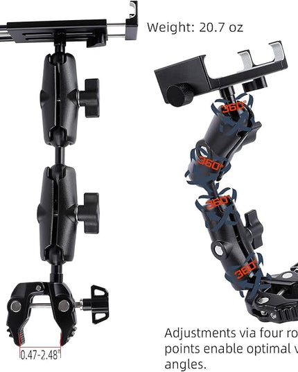 Aluminum Dual Arm Tablet Mount with Super Clamp for Rails 0.5'' to 2'' in Diameter, Side Mount Tablet Holder for Mic Stand, Compatible with iPad Pro 12.9 Air Mini, Galaxy Tab, 4.7-12.9" Tablets