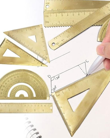 Golden Brass Ruler Set with Protractor and Triangles, 18 cm / 7 inch for Precision Measuring Tools for Drafting, Art, Engineering, School, Office, Portable Stationery Kit