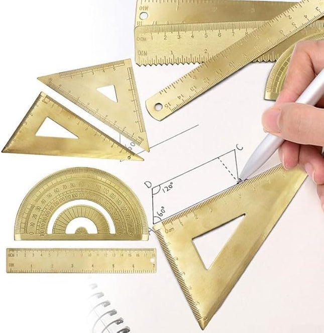 Golden Brass Ruler Set with Protractor and Triangles, 18 cm / 7 inch for Precision Measuring Tools for Drafting, Art, Engineering, School, Office, Portable Stationery Kit
