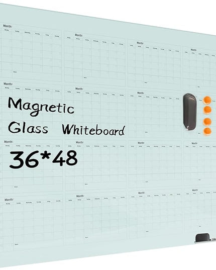 Magnetic Glass Dry Erase Board Calendar- White Board 48 x 36 Inch Wall Mounted Yearly Whiteboard, Large Frameless Glass White Board for Wall Office, Home & School