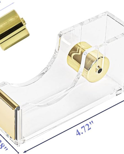 Gold Tape Dispenser, Clear Acrylic Desk Tape dispensers with Serrated Metal Edge, Modern Aesthetic Office & Craft Tape Organizer for Gift Wrapping, 1 Inch Core, Non-Slip Weighted Base