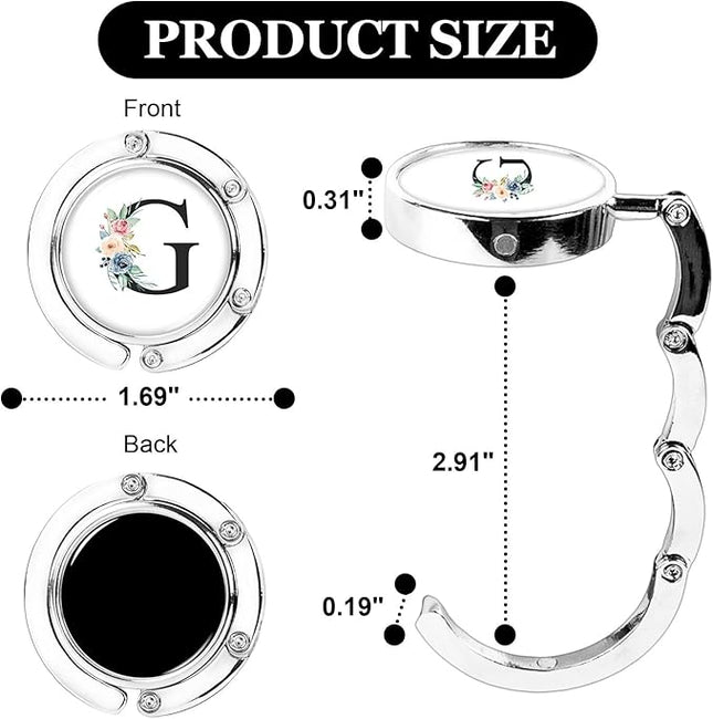 XSUIOY 3Pcs Personalized Initial Foldable Purse Hook for Table,Crushed Flower Letters Folding Purse Hanger,Purse Holder Handbag Hanger Collection Desk Table Bag Hooks Gifts for Women Bag(Black-G)