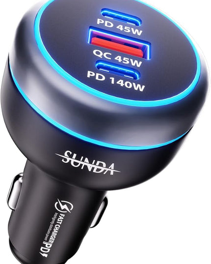 SUNDA 230W USB C Fast Car Charger, 3-Ports Car Charger Adapter, Dual Type C PD140W/PPS63W Compatible with iPhone17/16Pro/Max/iPhone15/Laptop/Galaxy/SamsungS25, USB-A 45W QC3.0 for Android