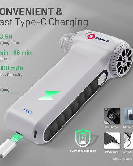 Seauto Electric Air Duster, 110,000 RPM Brushless Motor, Cordless Compressed Air Can Alternative, 3-Gear Powerful Blower for Computer Keyboard, PC Cleaning,Full-Size Appliance,Car,Home and Outdoor