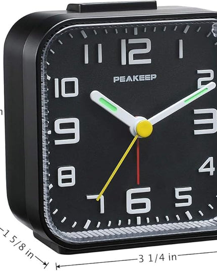 Peakeep 3D Numbers No Tick-Tock Analog Alarm Clock with Classic Beep Sound, Snooze, Manual Light and Battery Powered Small for Travel (Black-3D)