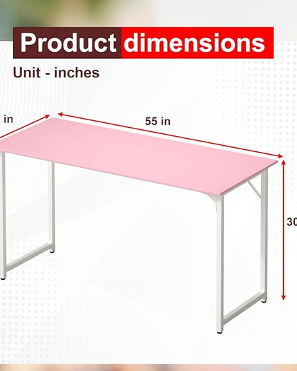 PayLessHere | 55 Inch Computer Desk | Pink | Office Desk with Metal Frame, Adjustable Feet | Water-Resistant, Scratchproof Surface | Sturdy Writing Table for Home Office or Study | Pack of 1