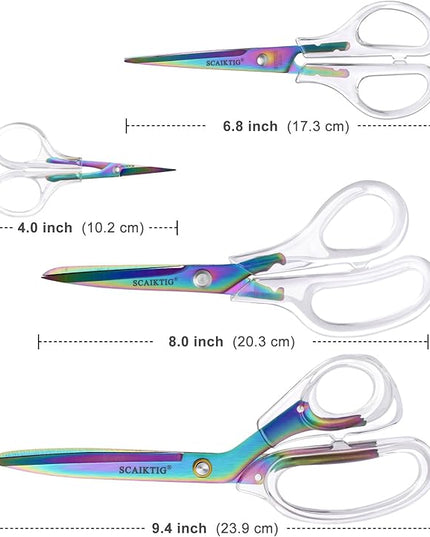 SCAIKTIG Acrylic Scissors, 4-Pack (9.4"/8"/6.8"/4"), Clear Comfort-Grip Handles, Titanium Coated Blades, Sharp, Heavy Duty, Ambidextrous, Transparent + Rainbow