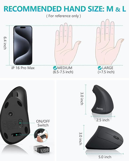 Ergonomic Mouse, LEKVEY Vertical Wireless Mouse - Rechargeable 2.4G Optical Vertical Mice : 3 Adjustable DPI 800/1200/1600 Levels 6 Buttons, for Laptop, Mac, PC, Computer, Desktop, Notebook etc, Black