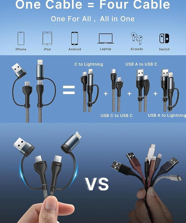 XUDUO 4-in-1 USB C Cable Lightning Cable 60W [Fast Charging & Data Sync] 6FT Multi IP-ad Charger Cable Charging Cord Lightning/Type C/USB A Ports for iPhone 16/15/15 Pro/15 Plus/15 14 Pro Max