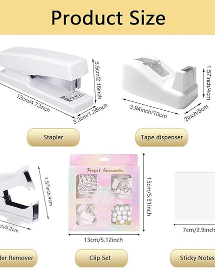 suniya Office Supplies,Desk Accessories,Tape Holder,Stapler,Scissor,Staple Remover,Box of Binder Clips,Staples,Ballpoint Pen,Sticky Notes,Clear Tape,Ruler,Office Supplies Set(White)