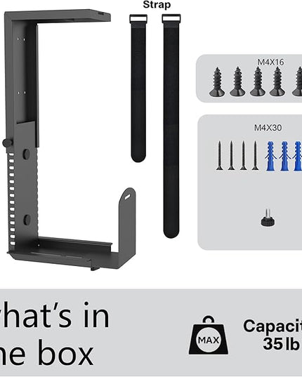 Universal Wall or Under Desk CPU Mount, PC/NAS Bracket – 4.5 to 9.2 inch Wide Computer Holder, Space-Saving Design with Safety Lock,Max Load 32Lbs