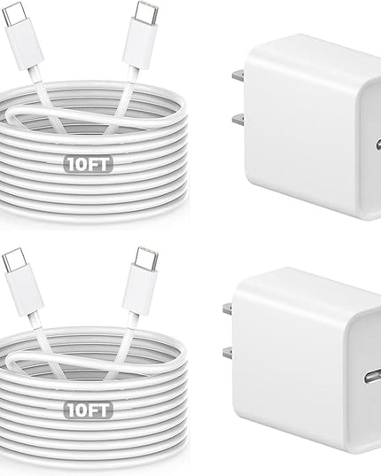 10Foot USB C Charger for iPhone 16 Charger, 2Pack 20W Type C Charging Block Long 10FT USB C Cord Cable Fast Charging for Apple iPhone 16/16e/16 Pro/16 Plus/16 Pro Max/15/15 Plus, iPad mini/iPad Air