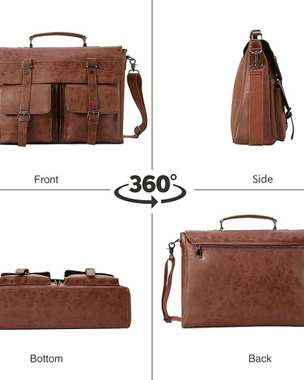 Seyfocnia Leather Messenger Bag for Men, Vintage Leather Laptop Bag Briefcase Satchel, 17.3 Inch Computer School Work Bag (Brown)