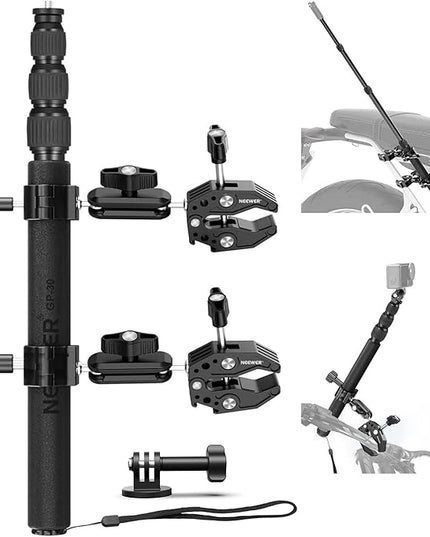 NEEWER Motorcycle Mount Accessories Kit Compatible with GoPro Insta360 DJI, Bike Tail Handlebar Invisible Selfie Stick Double Clamp Holder with Action Camera Adapter for POV Video Recording, GP-30