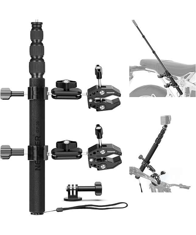 NEEWER Motorcycle Mount Accessories Kit Compatible with GoPro Insta360 DJI, Bike Tail Handlebar Invisible Selfie Stick Double Clamp Holder with Action Camera Adapter for POV Video Recording, GP-30