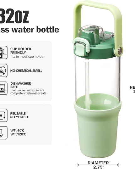 Glass Tumbler with Carry Handle, Clear Glass Water Bottle with Leakproof Lid, Spout Lid&Straw, BPA-Free, 32 oz, Light Green