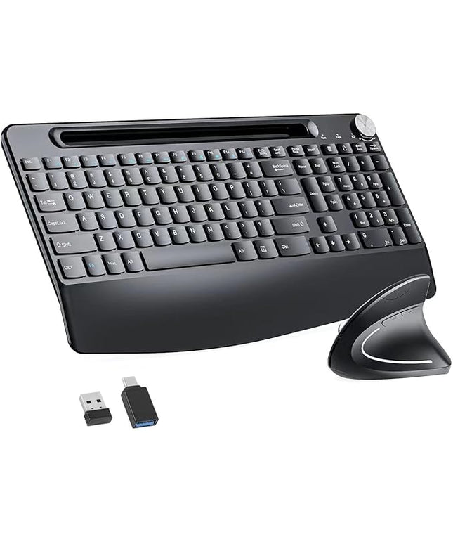 Sksyloo Full-Size Ergonomic Keyboard and Mouse, 2.4GHz Wireless Keyboard and vertical Mouse with Tablet Phone Holder, Wrist Rest for Computer Mac PC Laptop Chromebook, Black